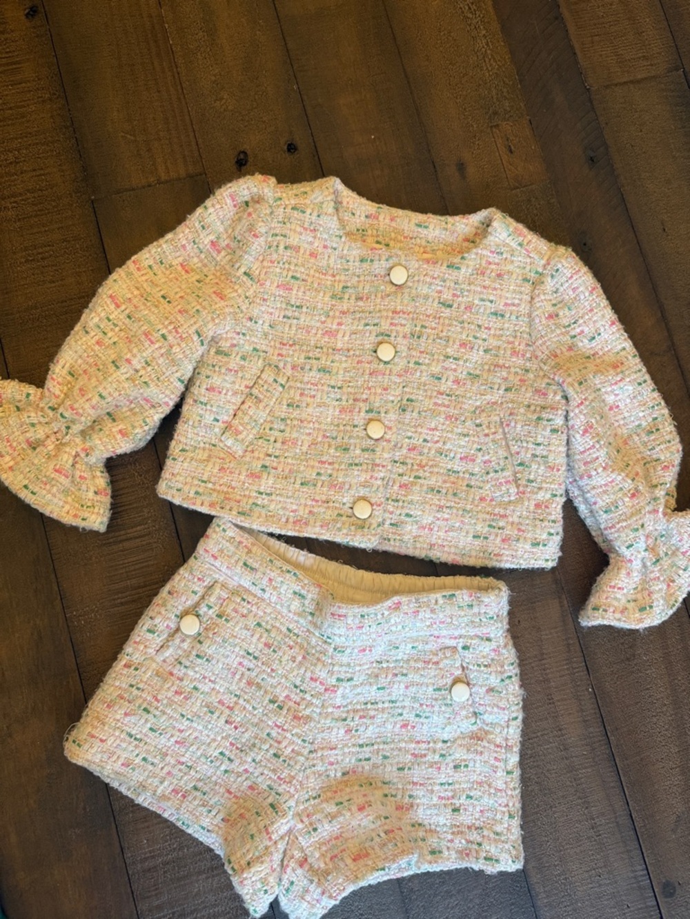 Janie & Jack, Girls Size 12-18 Months, Pastel Tweed Set - Jacket & Shorts